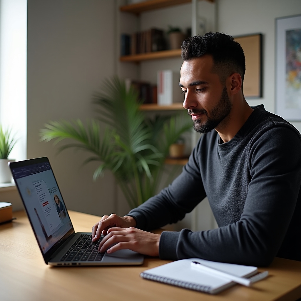 Adult professional in their 30s studying a career course on a laptop in a bright home office environment