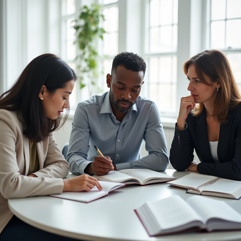 Small group of adults in a workshop setting reviewing career exploration workbooks together