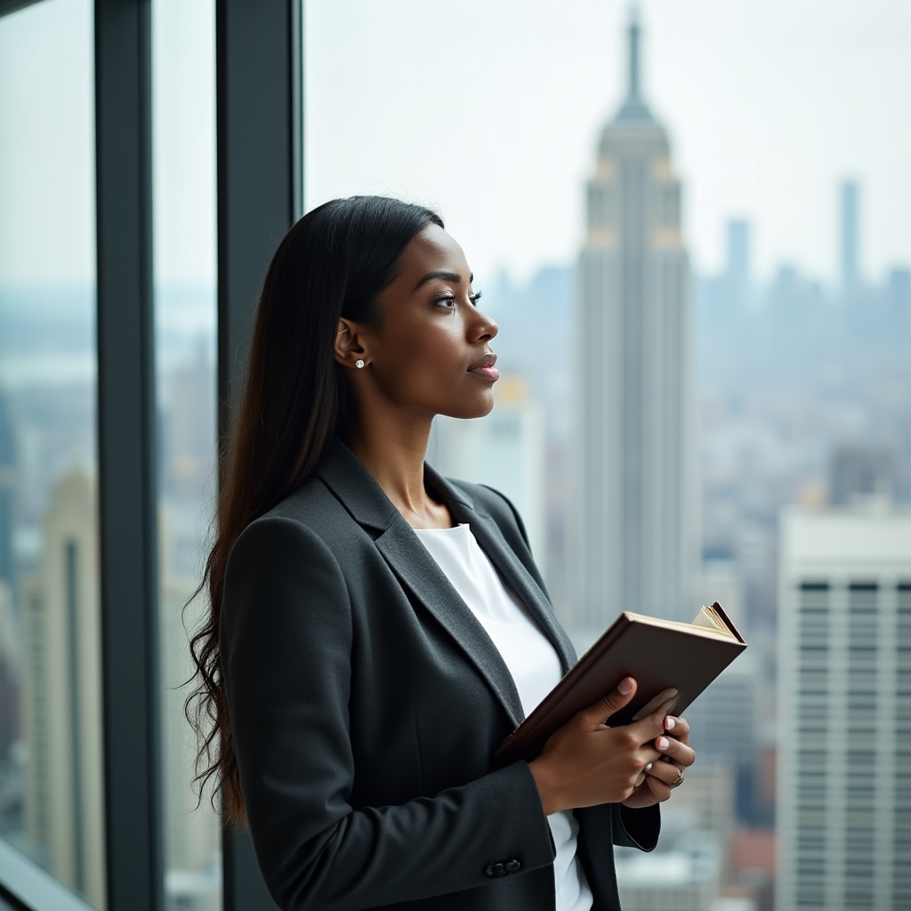 A thoughtful professional in their mid-30s looking out a large office window with a notebook in hand, pensive expression