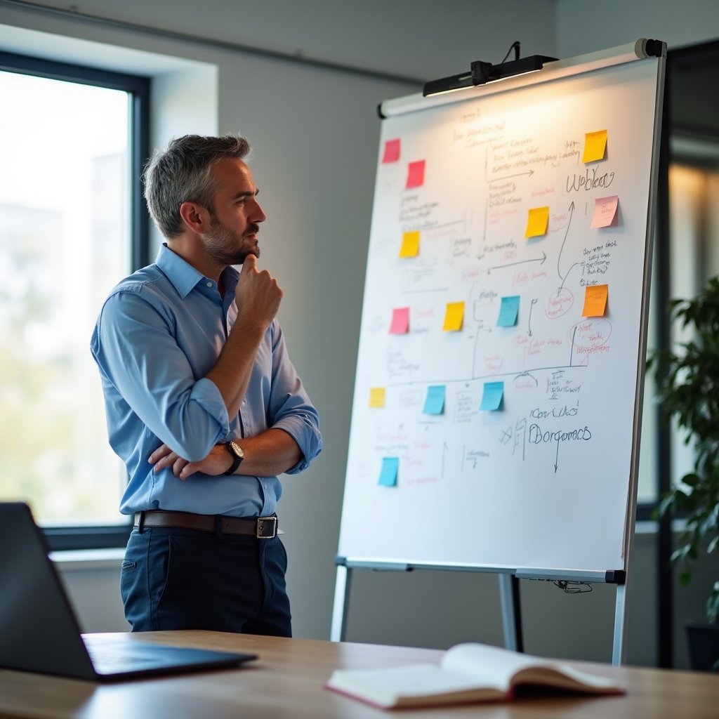 A professional in their late 30s sitting at a desk with multiple sticky notes and a large whiteboard, organizing career thoughts in a modern bright office